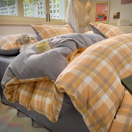 91家纺网 家纺一手货源 找家纺 阿曼达 2024新款ins博主风爆款全工艺印染亲肤舒适纯色水洗m格子四件套（有买家秀） 简约-桔