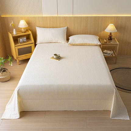 雅居纺家纺 2024新款全棉色织水洗棉单床单 床单-竖条黄