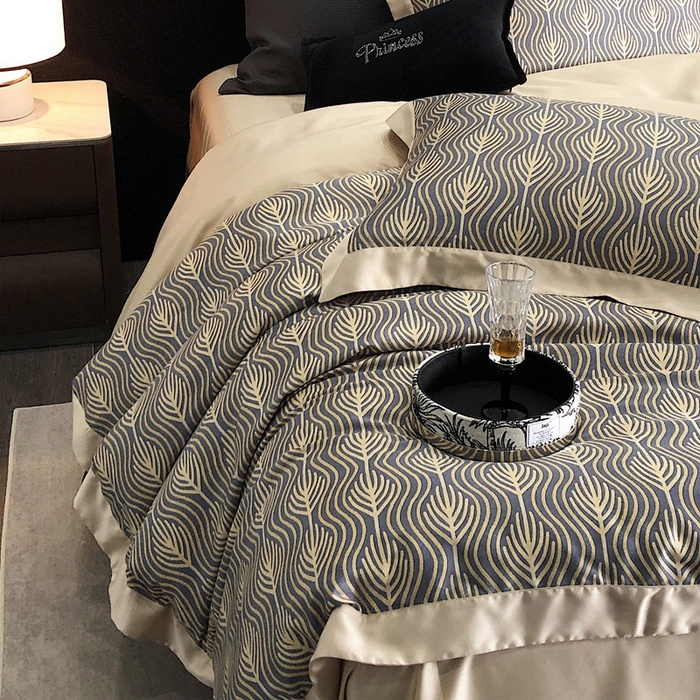 91家纺网 家纺一手货源 找家纺 2024新款60支兰精天丝数码印花四件套系列 格雷-藏青