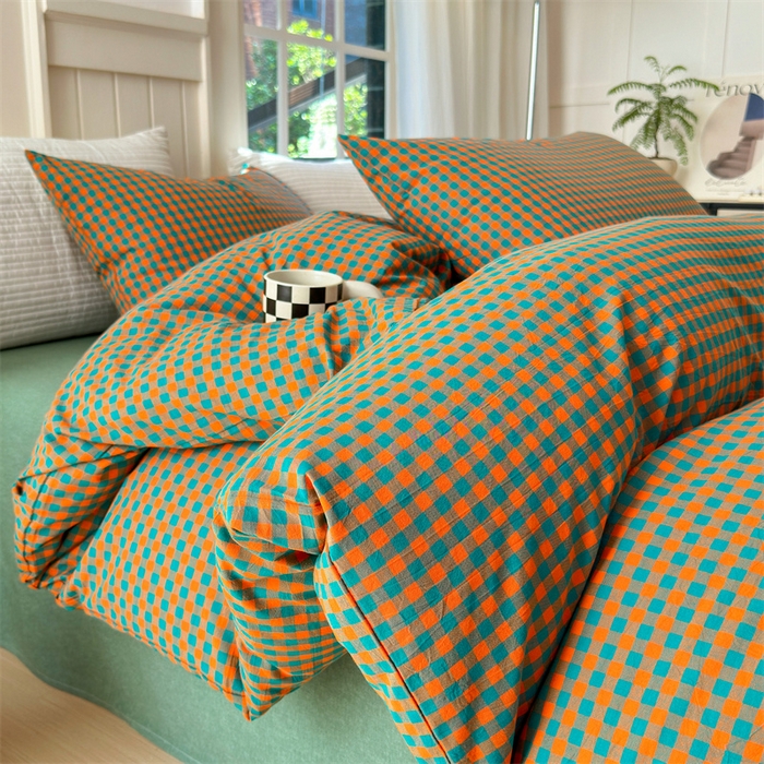 91家纺网 家纺一手货源 找家纺 北欧良品 2024新款A类全棉色织水洗棉单枕套 橙绿小格