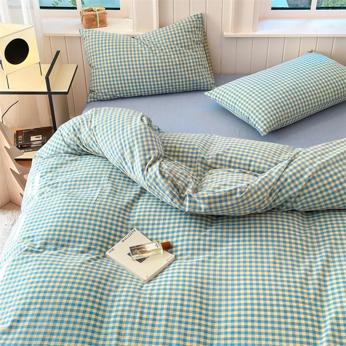 91家纺网 家纺一手货源 找家纺 北欧良品 2024新款A类全棉色织水洗棉单被套 蓝黄小格