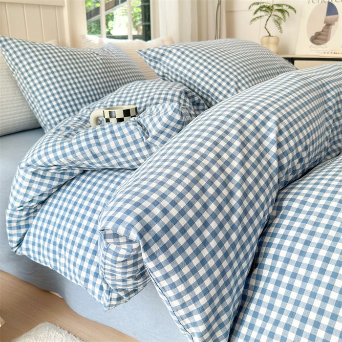 91家纺网 家纺一手货源 找家纺 北欧良品 2024新款A类全棉色织水洗棉单被套 浅蓝小格