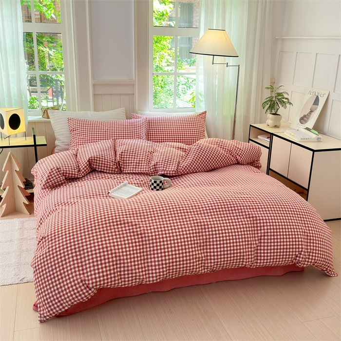 91家纺网 家纺一手货源 找家纺 北欧良品 2024新款A类全棉色织水洗棉单枕套 橙红小格