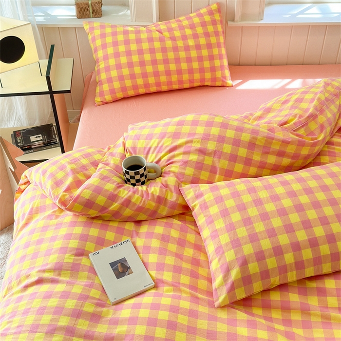 91家纺网 家纺一手货源 找家纺 北欧良品 2024新款A类全棉色织水洗棉单枕套 粉黄中格