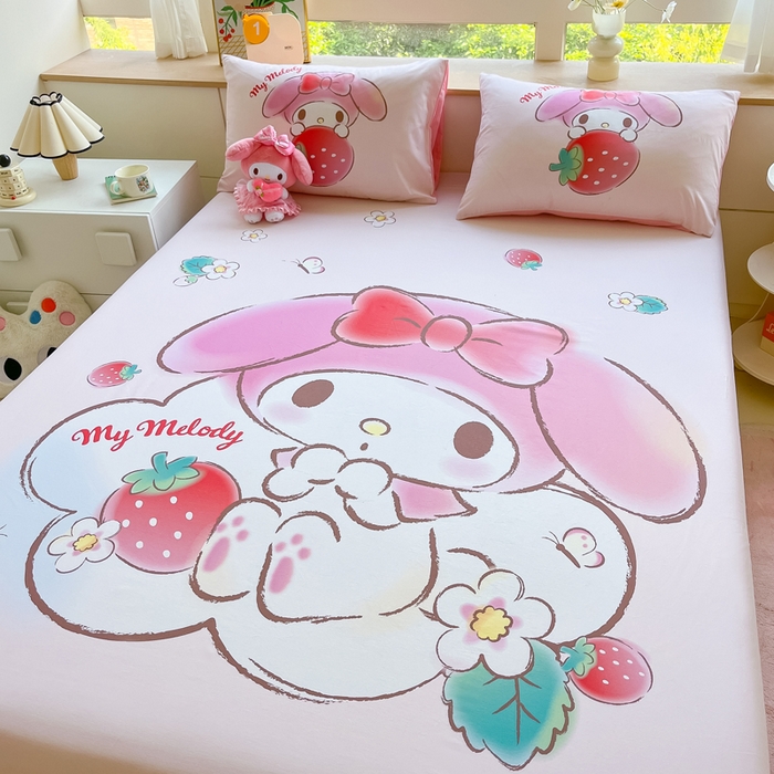 91家纺网 家纺一手货源 找家纺 金爱家 2024新款全棉三丽鸥正版大版单品床笠 草莓美乐蒂