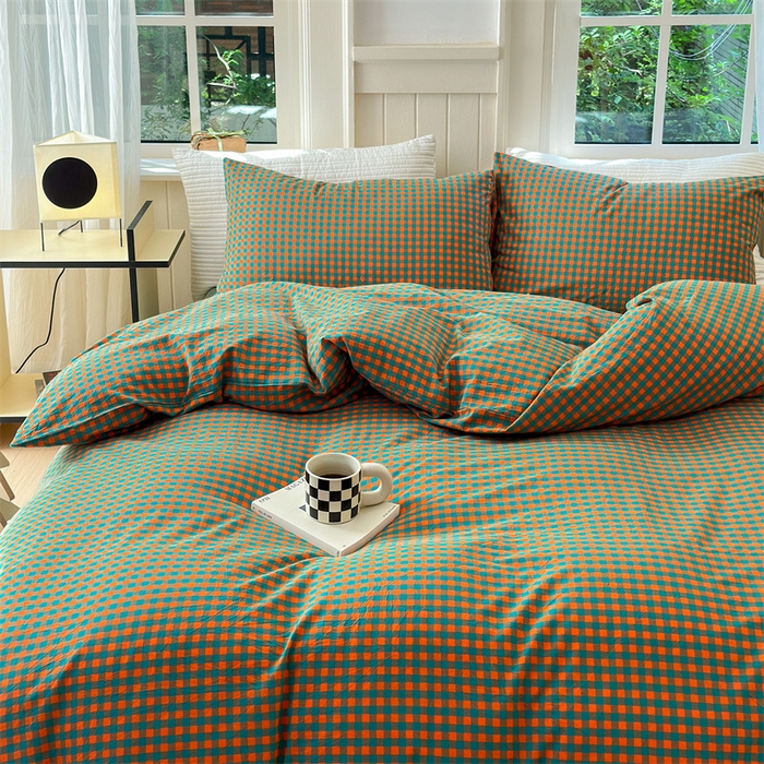 91家纺网 家纺一手货源 找家纺 北欧良品 2024新款A类全棉色织水洗棉单枕套 橙绿小格