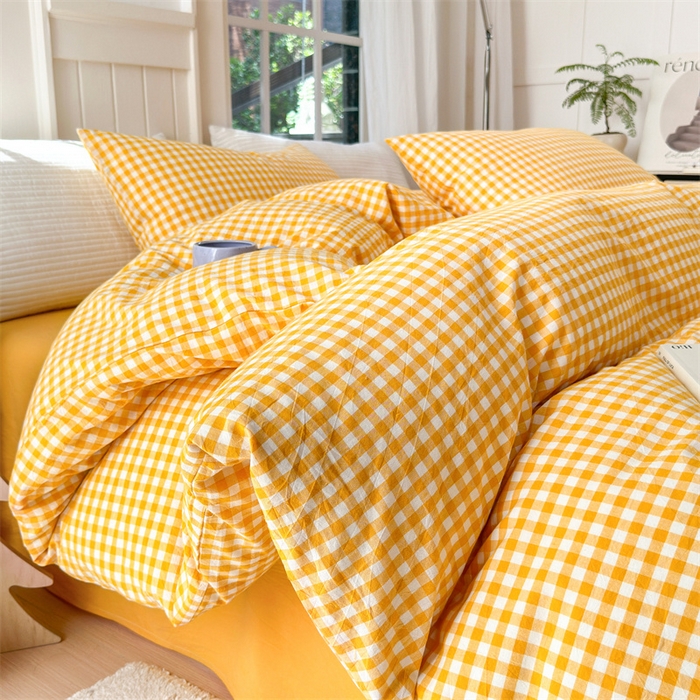 91家纺网 家纺一手货源 找家纺 北欧良品 2024新款A类全棉色织水洗棉单枕套 姜黄小格