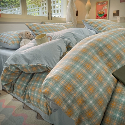 91家纺网 家纺一手货源 找家纺 阿曼达 2024新款ins博主风爆款全工艺印染亲肤舒适纯色水洗m格子四件（有买家秀）套 青涩