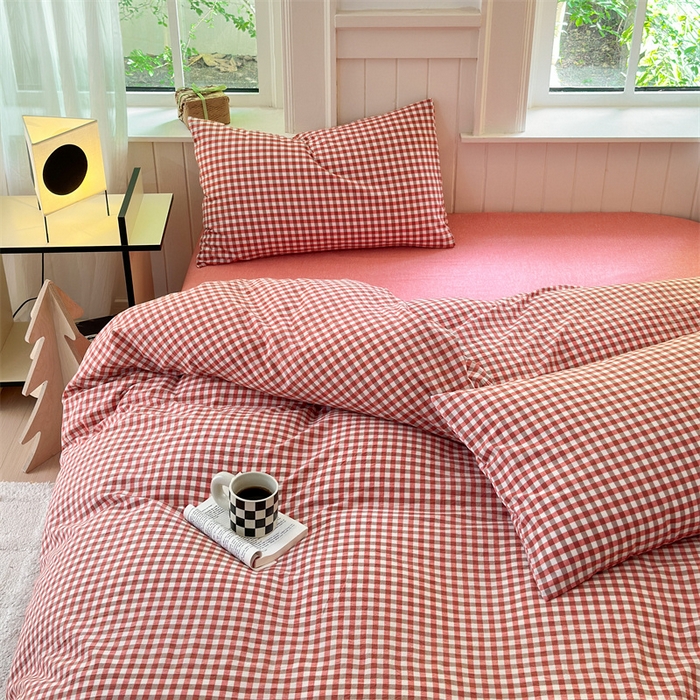 91家纺网 家纺一手货源 找家纺 北欧良品 2024新款A类全棉色织水洗棉单枕套 橙红小格