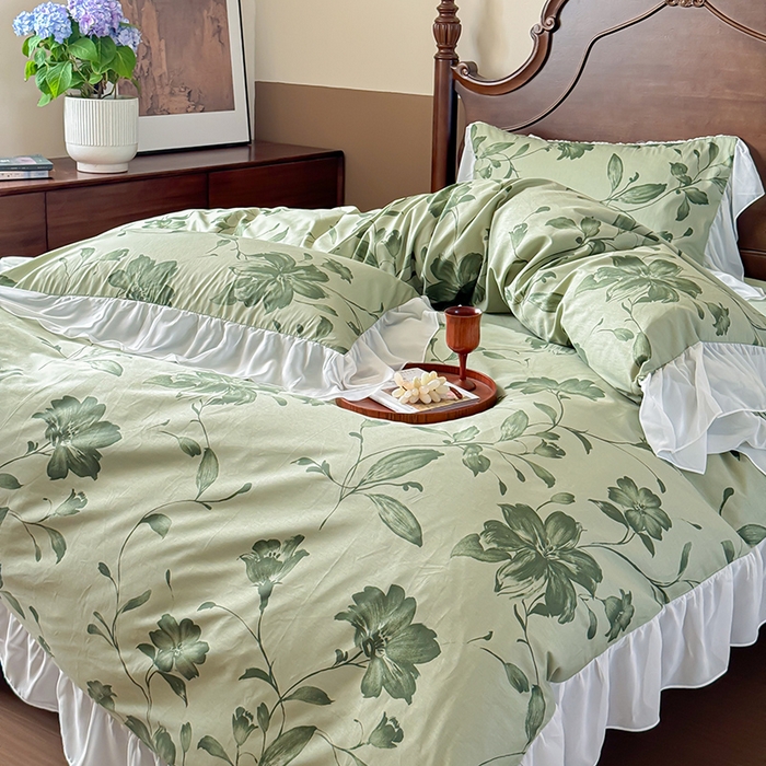 91家纺网 家纺一手货源 找家纺 窝米 2024夏季纯棉法式复古雪纺大花边四件套系列第二批 觅棠花边款