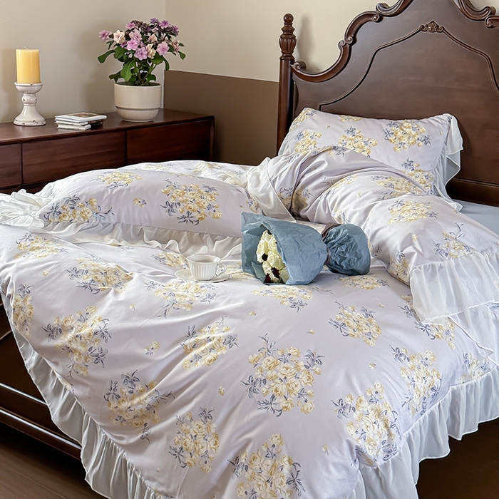 91家纺网 家纺一手货源 找家纺 窝米 2024夏季纯棉法式复古雪纺大花边四件套系列第二批 山椿花边款