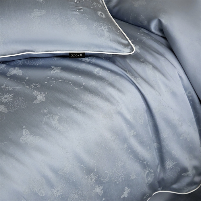 91家纺网 家纺一手货源 找家纺 安莱生活 2024新款60S天丝棉提花四件套三系列（银丝款）--天丝棉铂金简奢款 星辰-冰雨蓝