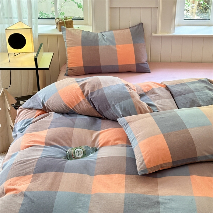 91家纺网 家纺一手货源 找家纺 北欧良品 2024新款A类全棉色织水洗棉单被套 曲奇大格粉