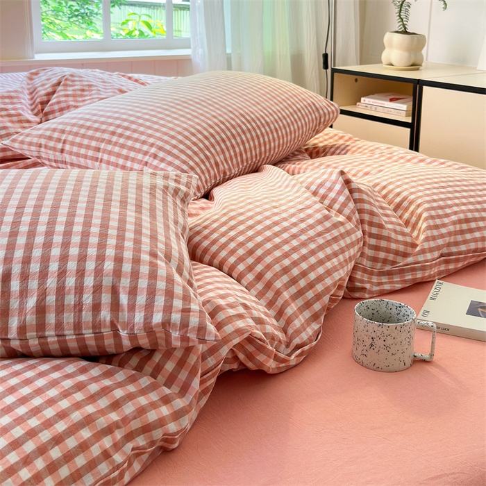 91家纺网 家纺一手货源 找家纺 北欧良品 2024新款A类全棉色织水洗棉单被套 蜜粉小格