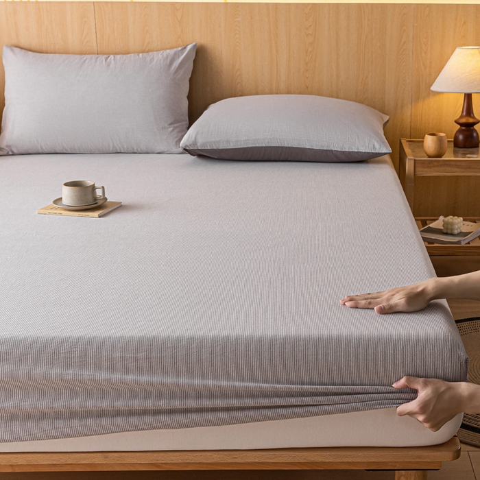 91家纺网 家纺一手货源 找家纺 雅居纺家纺 2024新款全棉色织水洗棉床笠 床笠-细条灰