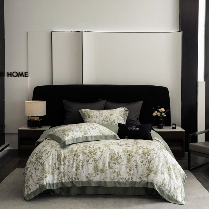 91家纺网 家纺一手货源 找家纺 2024新款60支兰精天丝数码印花四件套系列 玛亚-绿