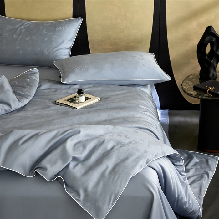 91家纺网 家纺一手货源 找家纺 安莱生活 2024新款60S天丝棉提花四件套三系列（银丝款）--天丝棉铂金简奢款 星辰-冰雨蓝