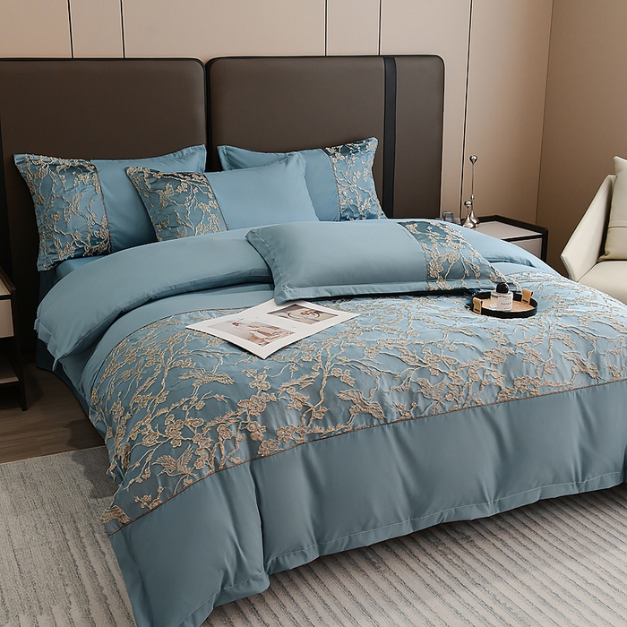 91家纺网 家纺一手货源 找家纺 布可家纺 2025新款轻奢精美浮雕刺绣提花四件套 曼陀罗-星海蓝