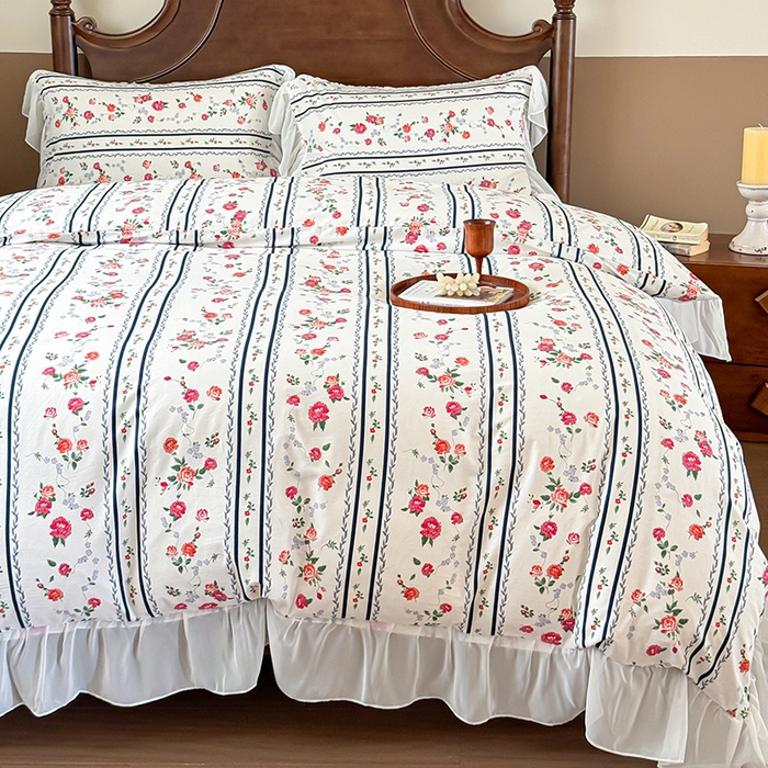 91家纺网 家纺一手货源 找家纺 窝米 2024夏季纯棉法式复古雪纺大花边四件套系列第二批 悦夏花边款