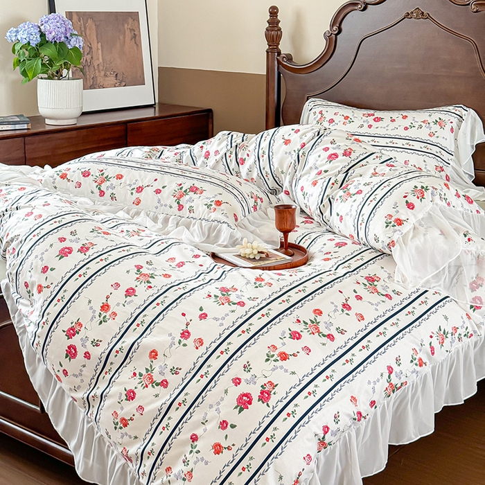 91家纺网 家纺一手货源 找家纺 窝米 2024夏季纯棉法式复古雪纺大花边四件套系列第二批 悦夏花边款