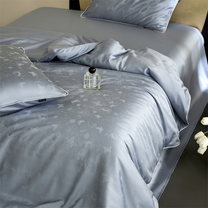 91家纺网 家纺一手货源 找家纺 安莱生活 2024新款60S天丝棉提花四件套三系列（银丝款）--天丝棉铂金简奢款 星辰-冰雨蓝
