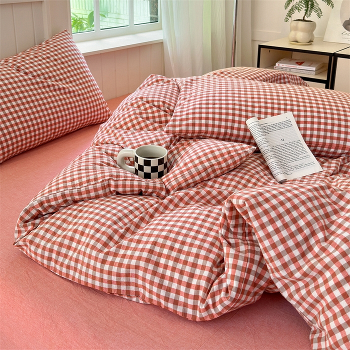 91家纺网 家纺一手货源 找家纺 北欧良品 2024新款A类全棉色织水洗棉单枕套 橙红小格