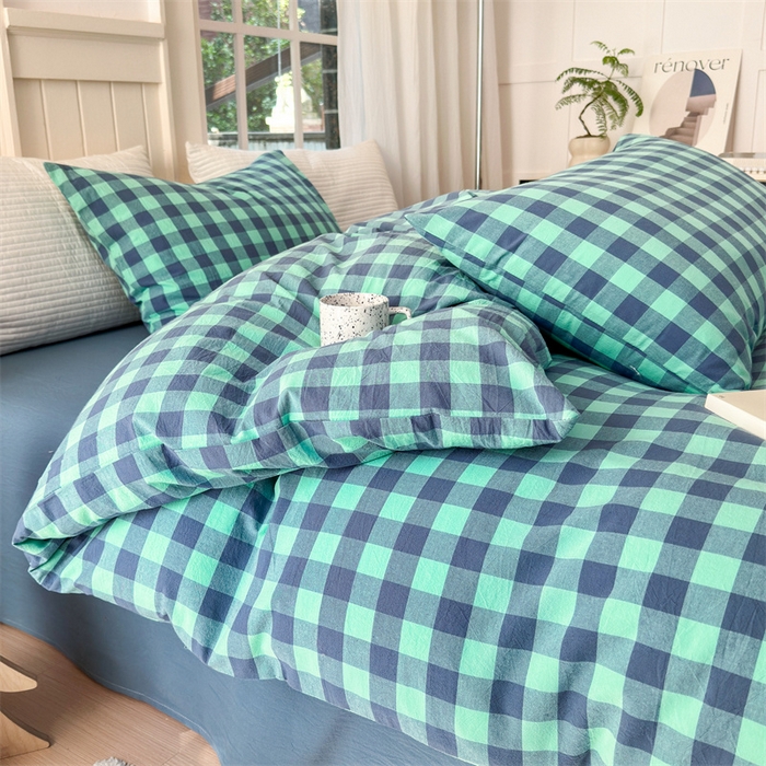 91家纺网 家纺一手货源 找家纺 北欧良品 2024新款A类全棉色织水洗棉单枕套 蓝绿中格