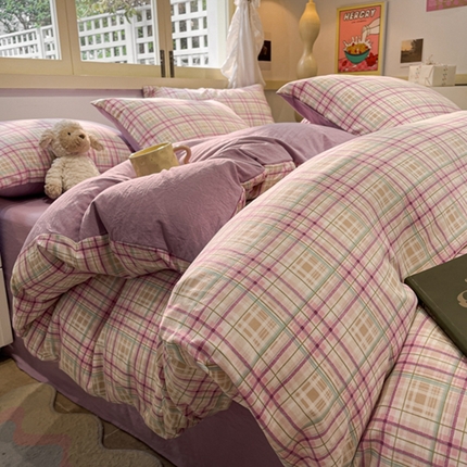 91家纺网 家纺一手货源 找家纺 （总）阿曼达 2024新款ins博主风爆款全工艺印染亲肤舒适纯色水洗m格子四件套（有买家秀）