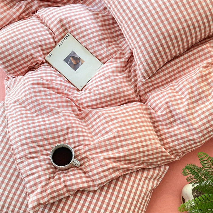 91家纺网 家纺一手货源 找家纺 北欧良品 2024新款A类全棉色织水洗棉单被套 蜜粉小格