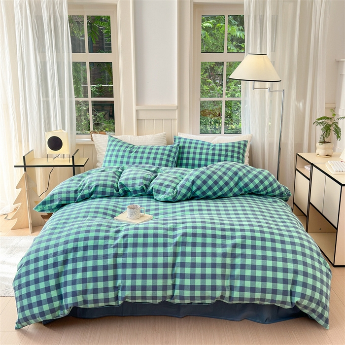 91家纺网 家纺一手货源 找家纺 北欧良品 2024新款A类全棉色织水洗棉单被套 蓝绿中格