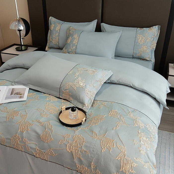 91家纺网 家纺一手货源 找家纺 布可家纺 2025新款轻奢精美浮雕刺绣提花四件套 花叶扶-天水蓝