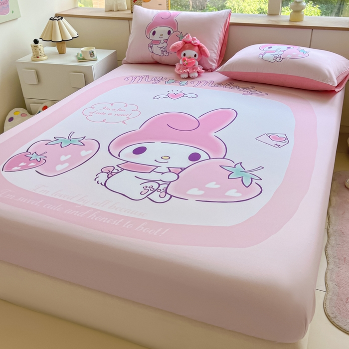 91家纺网 家纺一手货源 找家纺 金爱家 2024新款全棉三丽鸥正版大版单品床笠 贪吃美乐蒂