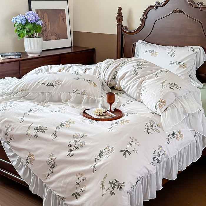 91家纺网 家纺一手货源 找家纺 窝米 2024夏季纯棉法式复古雪纺大花边四件套系列第二批 玛奇朵花边款