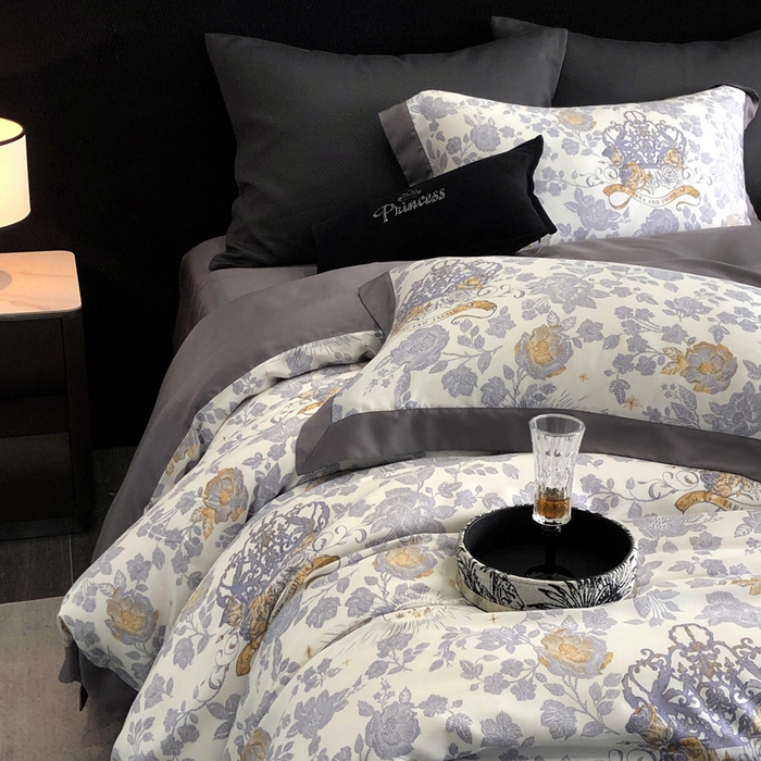 91家纺网 家纺一手货源 找家纺 2024新款60支兰精天丝数码印花四件套系列 萨亚-蓝