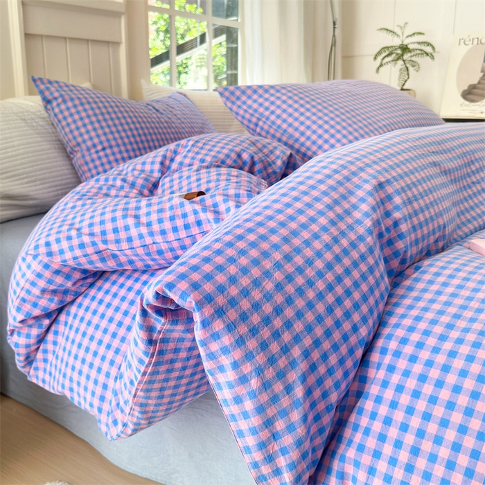 91家纺网 家纺一手货源 找家纺 北欧良品 2024新款A类全棉色织水洗棉单被套 蓝紫小格