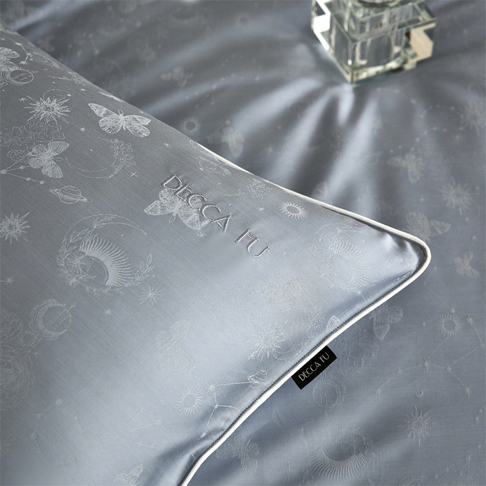 91家纺网 家纺一手货源 找家纺 安莱生活 2024新款60S天丝棉提花四件套三系列（银丝款）--天丝棉铂金简奢款 星辰-冰雨蓝