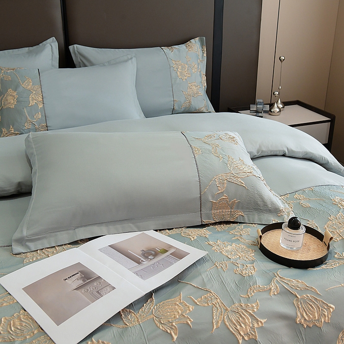 91家纺网 家纺一手货源 找家纺 布可家纺 2025新款轻奢精美浮雕刺绣提花四件套 花叶扶-天水蓝