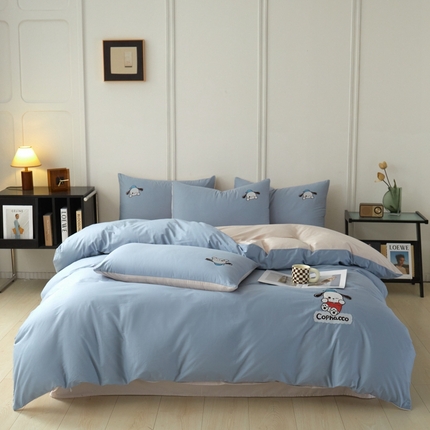 万盛家纺 2025新款全棉喷气13372刺绣卡通四件套 naughty帕恰狗-深蓝咖