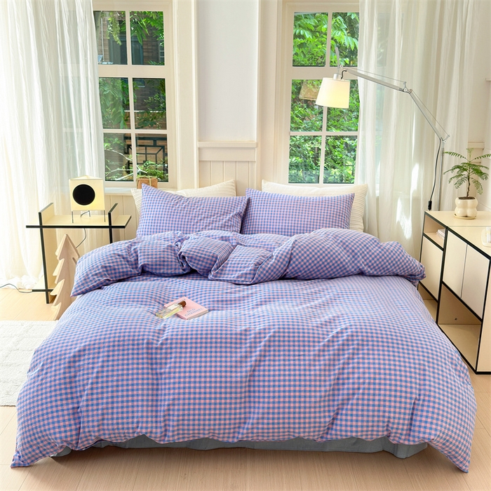 91家纺网 家纺一手货源 找家纺 北欧良品 2024新款A类全棉色织水洗棉单枕套 蓝紫小格