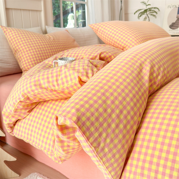 91家纺网 家纺一手货源 找家纺 北欧良品 2024新款A类全棉色织水洗棉单枕套 粉黄小格