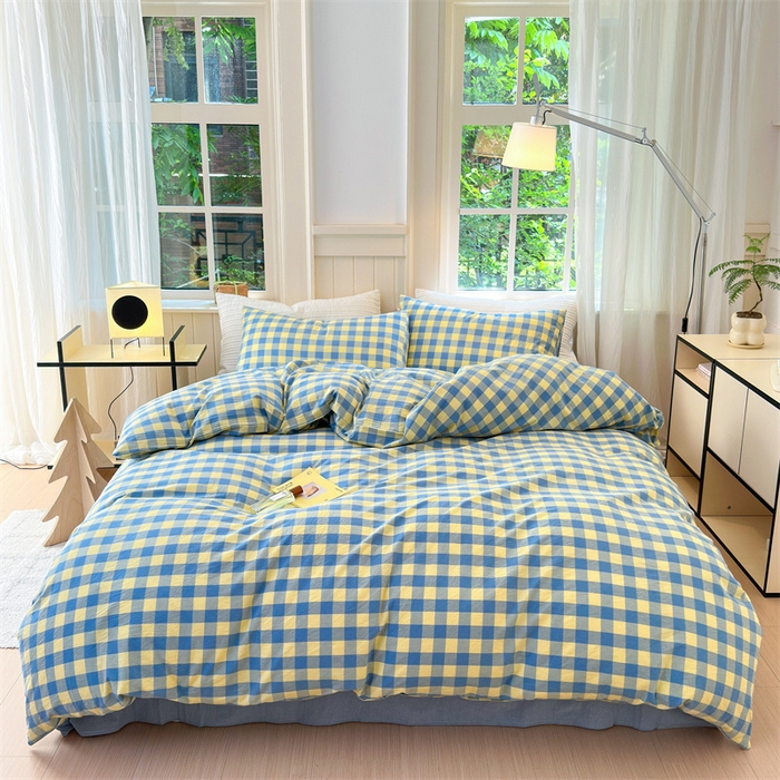 91家纺网 家纺一手货源 找家纺 北欧良品 2024新款A类全棉色织水洗棉单被套 蓝黄中格