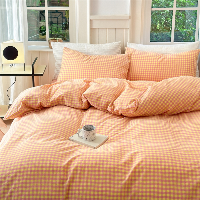 91家纺网 家纺一手货源 找家纺 北欧良品 2024新款A类全棉色织水洗棉单被套 粉黄小格