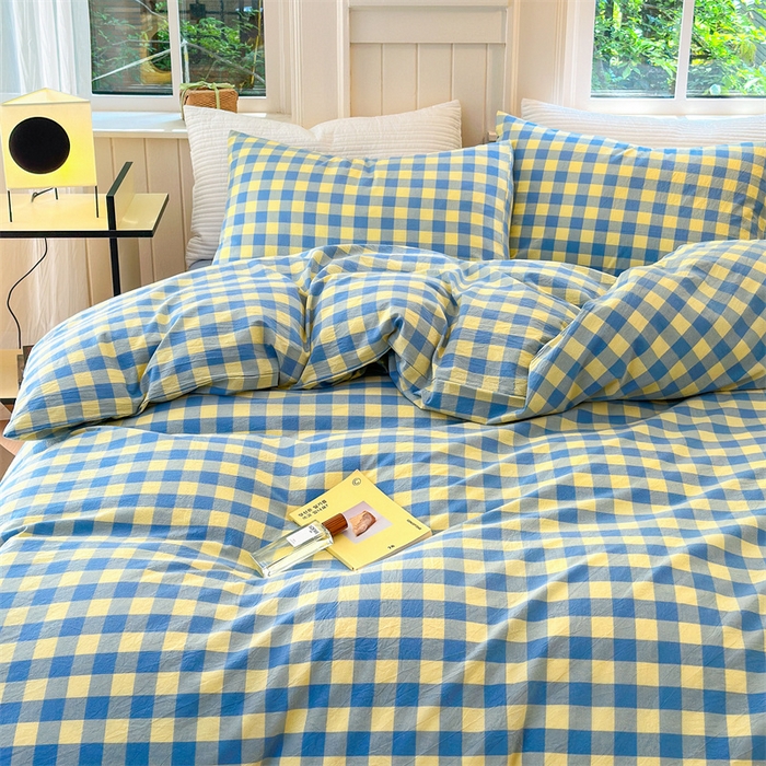 91家纺网 家纺一手货源 找家纺 北欧良品 2024新款A类全棉色织水洗棉单枕套 蓝黄中格