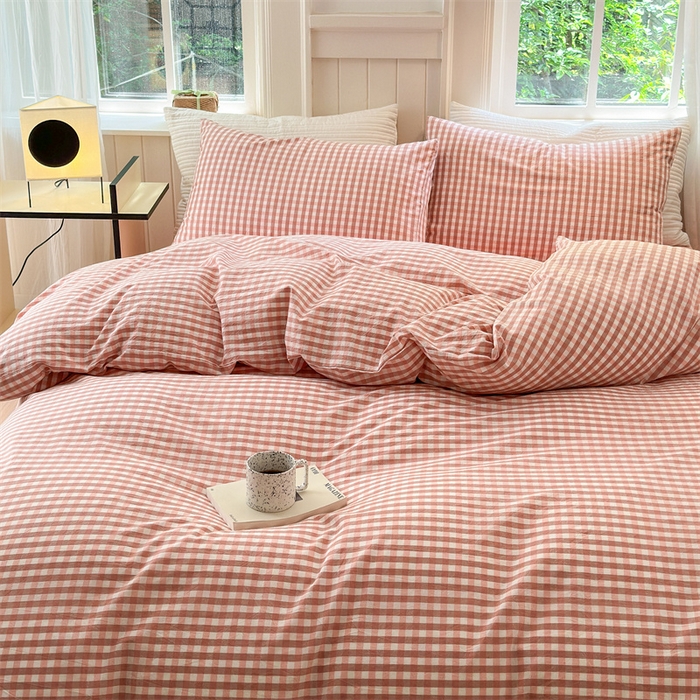 91家纺网 家纺一手货源 找家纺 北欧良品 2024新款A类全棉色织水洗棉单被套 蜜粉小格