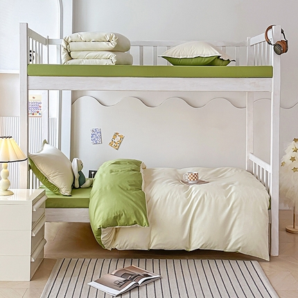 91家纺网 家纺一手货源 找家纺 天之爱 2025纯棉三件套全棉13372三件套学生上下铺六件套奶油白+豆绿