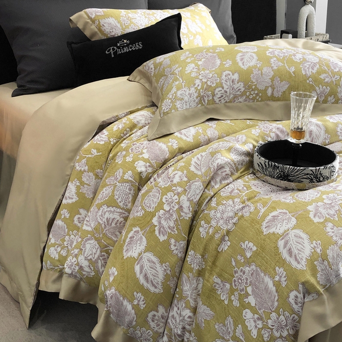 91家纺网 家纺一手货源 找家纺 2024新款60支兰精天丝数码印花四件套系列 洛娜-黄