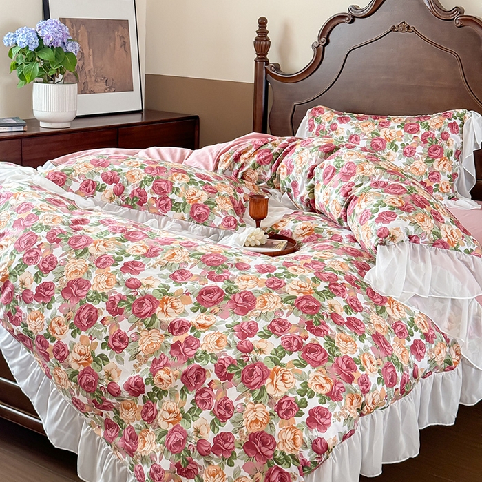 91家纺网 家纺一手货源 找家纺 窝米 2024夏季纯棉法式复古雪纺大花边四件套系列第二批 小玫瑰花边款