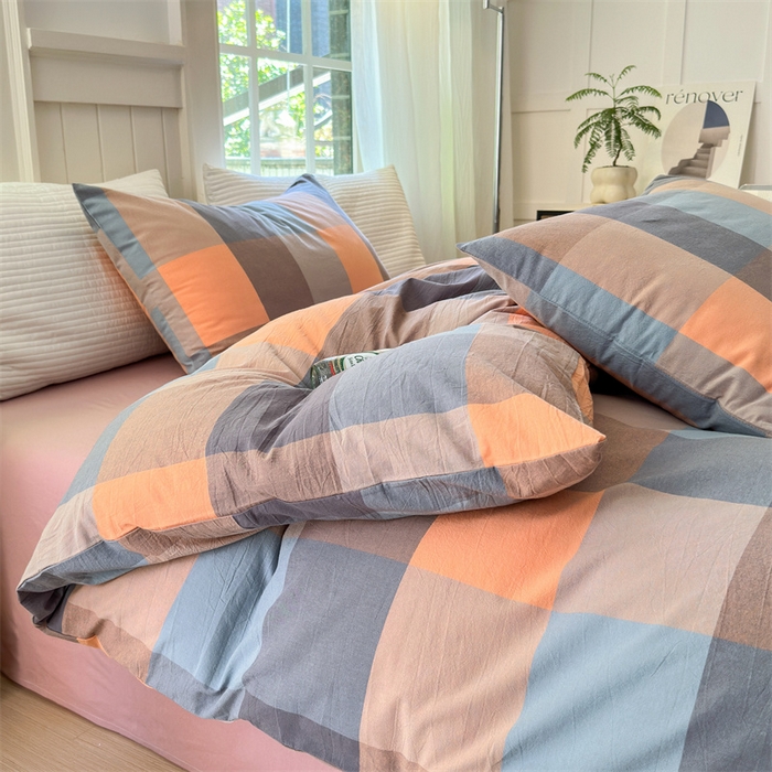 91家纺网 家纺一手货源 找家纺 北欧良品 2024新款A类全棉色织水洗棉单被套 曲奇大格粉