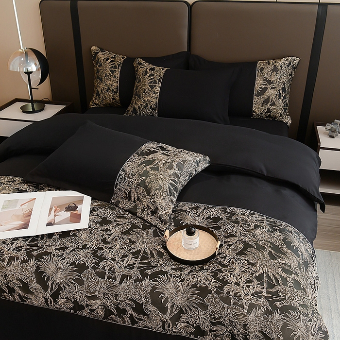 91家纺网 家纺一手货源 找家纺 布可家纺 2025新款轻奢精美浮雕刺绣提花四件套 安露莎-高级黑