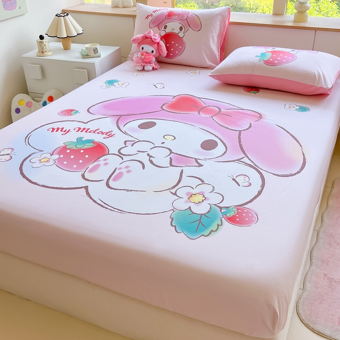 91家纺网 家纺一手货源 找家纺 金爱家 2024新款全棉三丽鸥正版大版单品床笠 草莓美乐蒂